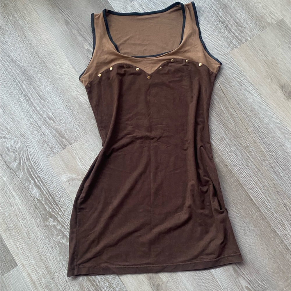 Brown Sleeveless mini dress with Stud Accents